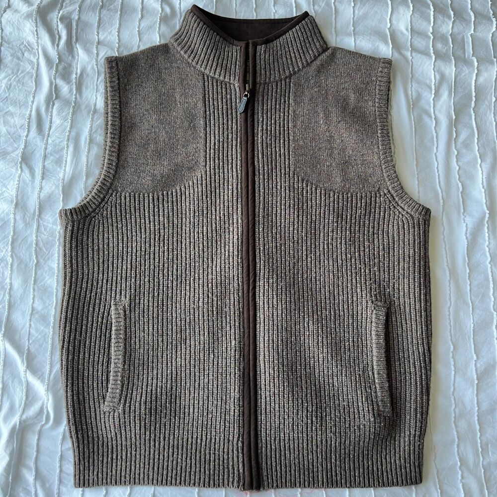 VTG LL Bean Vest Mens M Brown Lamb Merino Wool Zip knit Waterfowl grandpa core